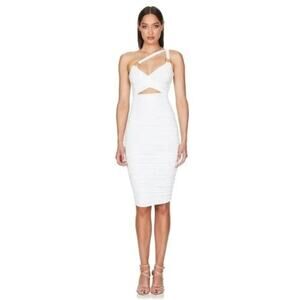 Nookie Riley Ring Midi Dress Ivory Sleeveless Lined Zip Back Ruched NWT Small
